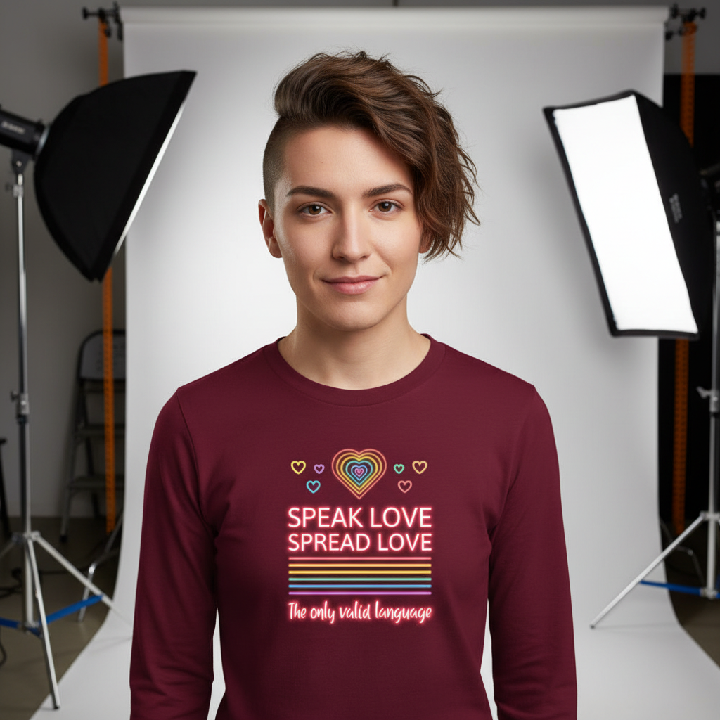 Model wearing a burgundy long-sleeve shirt with neon hearts and “Speak Love Spread Love” text
