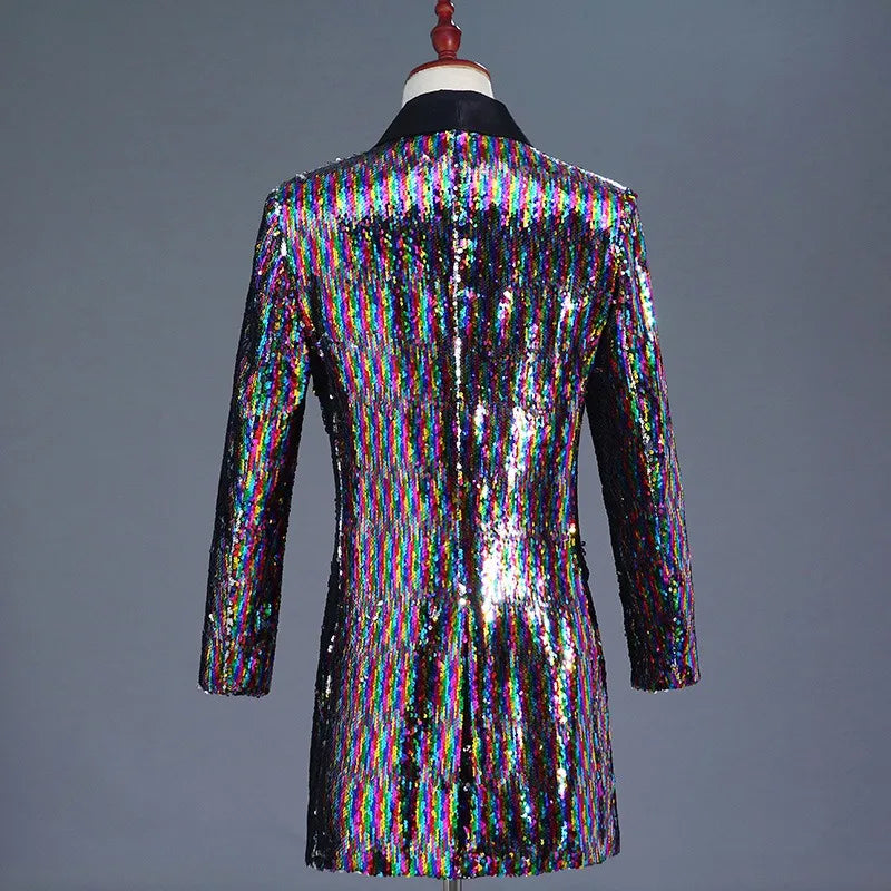 Back view of a long-sleeved coat covered in multicolored vertical sequins