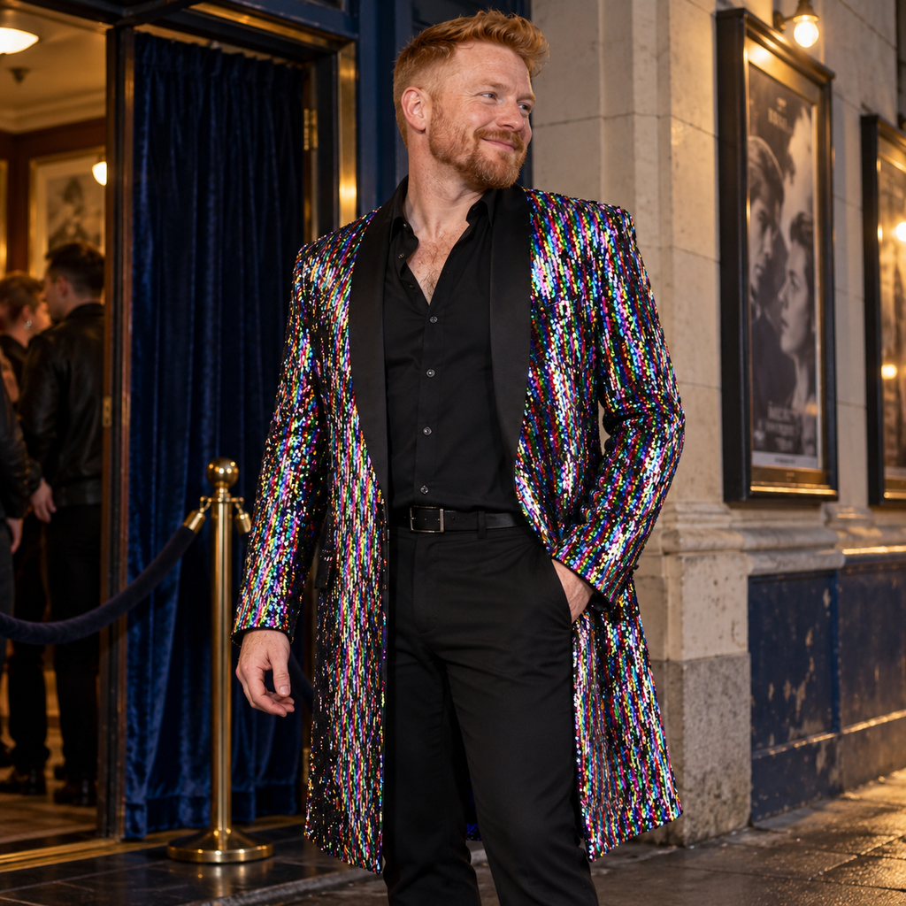 Adult man wearing Spectral Showstopper Men's Sequin Party Coat in multicolour in an editorial lifestyle setting.