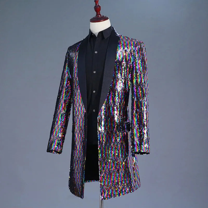 Headless mannequin wearing a long multicolored sequin coat over a black shirt