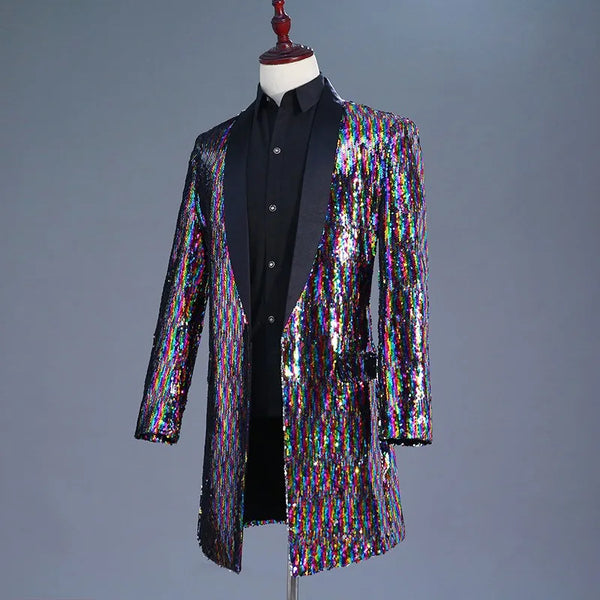 Headless mannequin wearing a long multicolored sequin coat over a black shirt