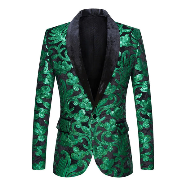 Front-view black gay jacket with glittering green floral pattern and black satin shawl collar