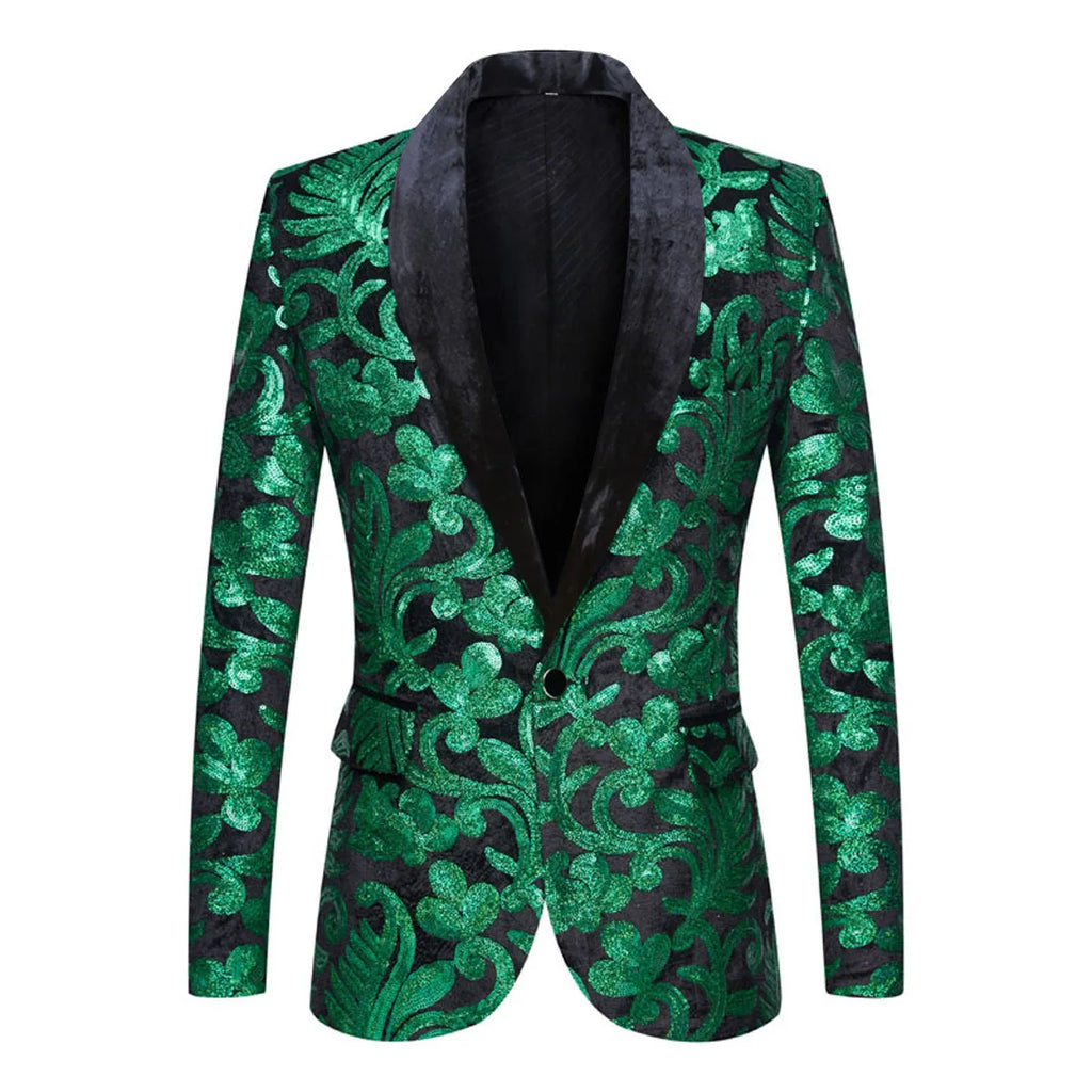Front-view black gay jacket with glittering green floral pattern and black satin shawl collar