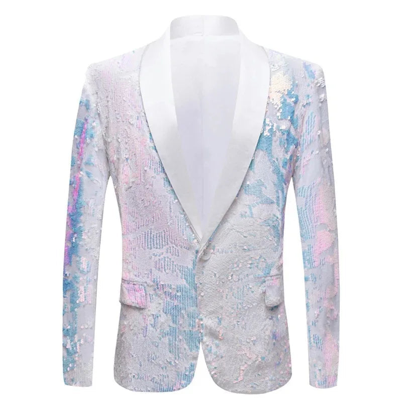 Front view of a pastel pink and blue iridescent sequin blazer on a mannequin