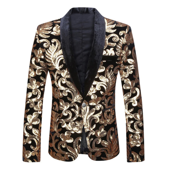 Front-view black blazer with a velvet lapel and gold floral scroll pattern