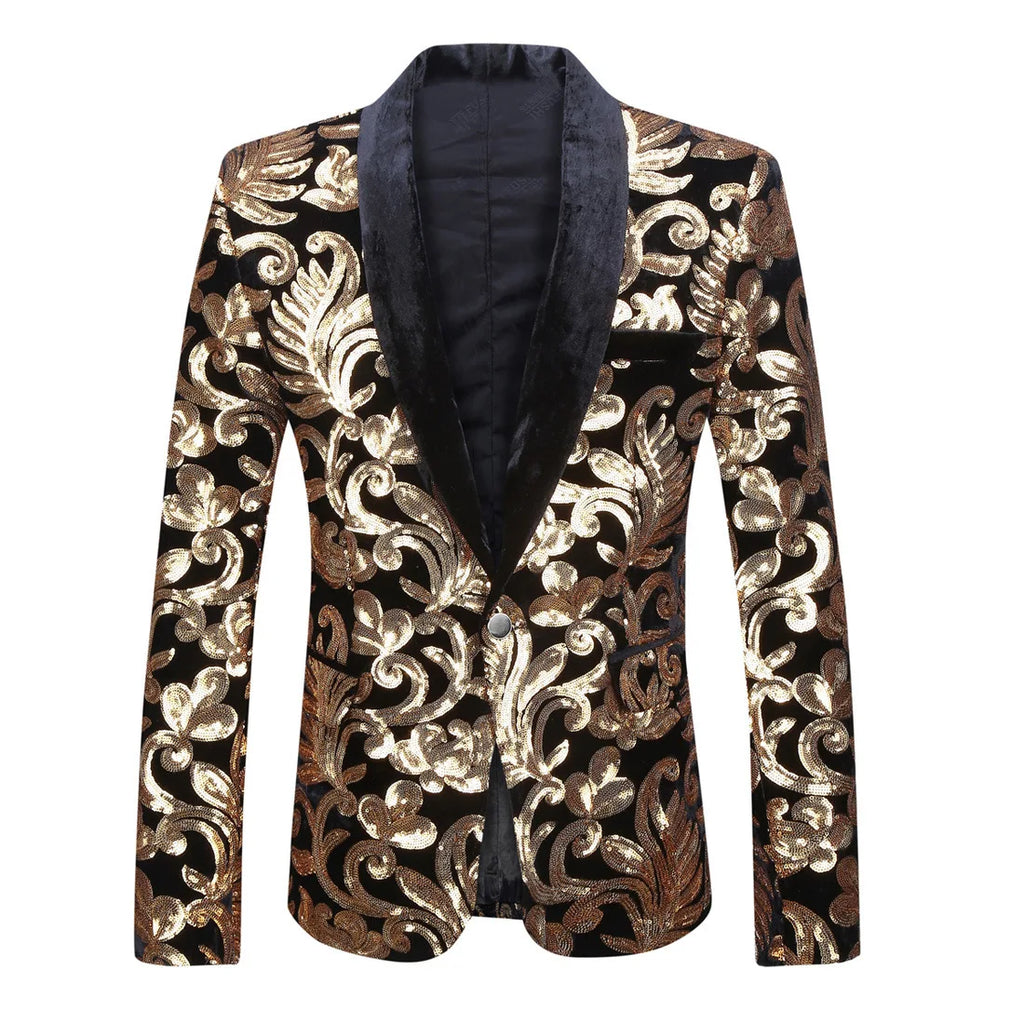 Front-view black blazer with a velvet lapel and gold floral scroll pattern