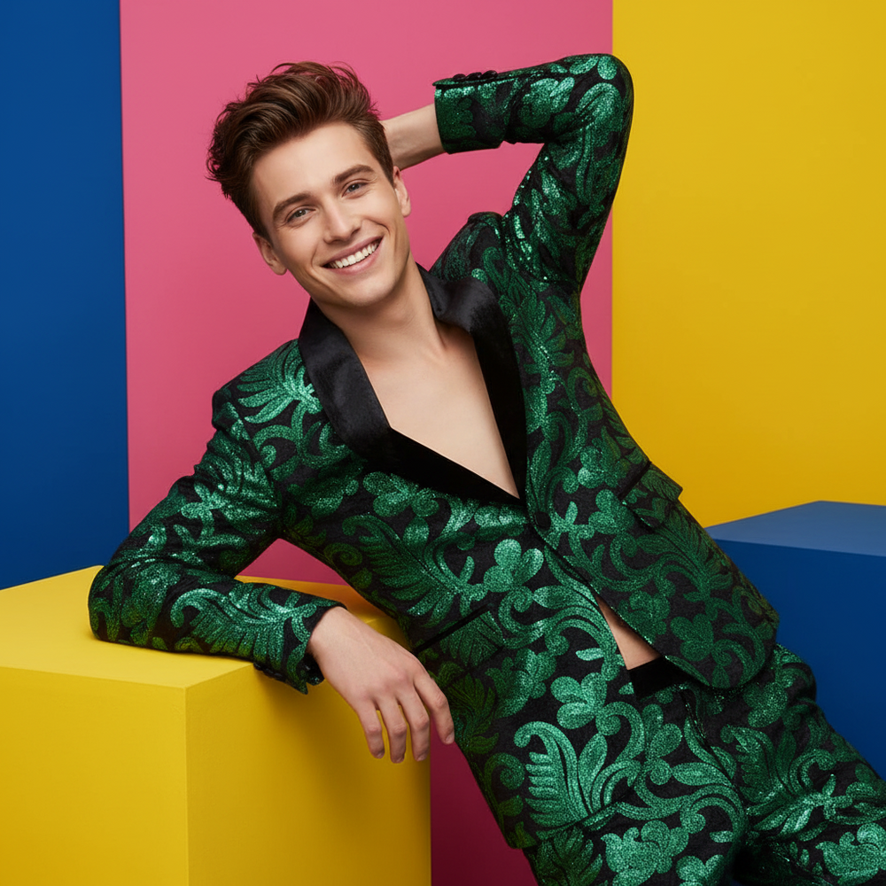 Smiling model reclines in a green glitter floral jacket with black satin lapels