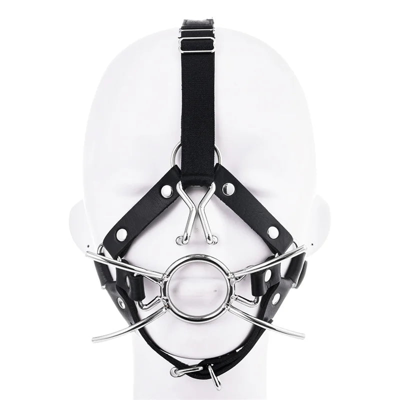Front view of a black leather spider-style mouth gag with a central metal ring
