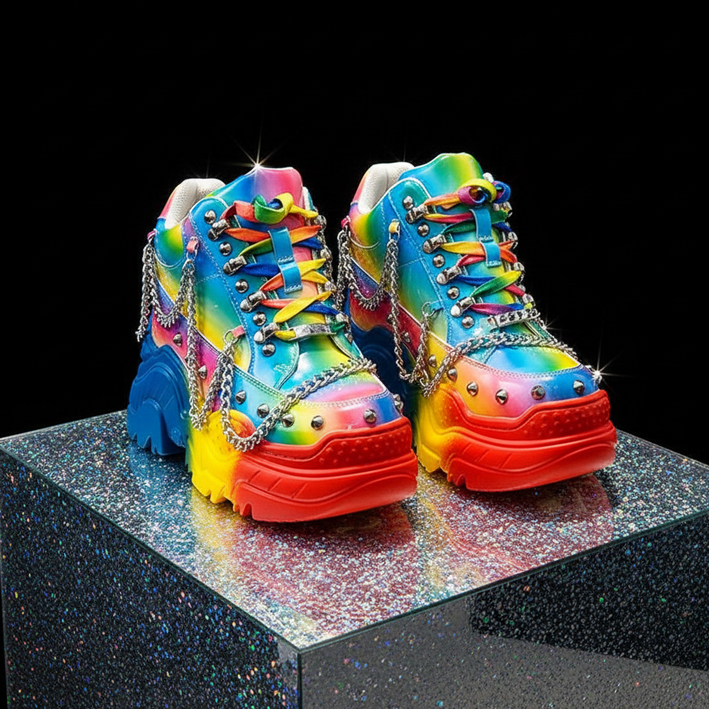 Chunky platform sneakers in vibrant red, blue, and yellow with metallic spikes, chains, and star charms—queer AF pride shoes.