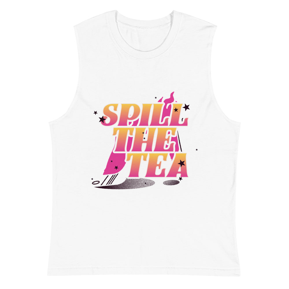 Front view of a white muscle tank top with colorful “SPILL THE TEA” graphic and stars