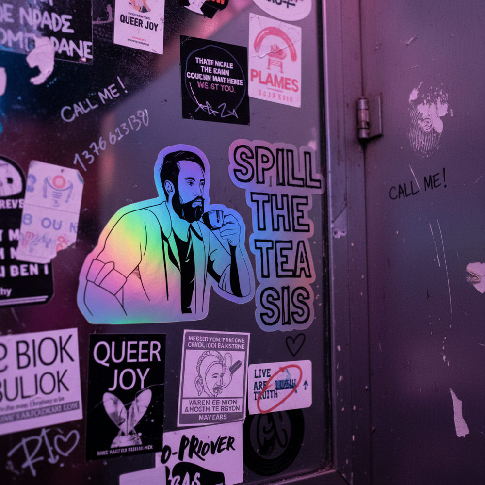 Holographic stickers pop on a graffiti wall: a big bearded icon with mic and "SPILL THE TEA SIS," plus QUEER JOY, CALL ME!