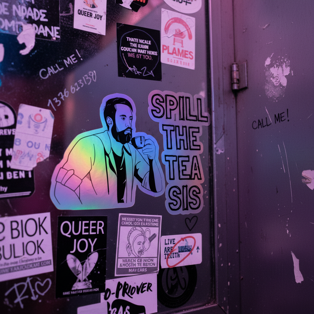 Holographic stickers pop on a graffiti wall: a big bearded icon with mic and "SPILL THE TEA SIS," plus QUEER JOY, CALL ME!