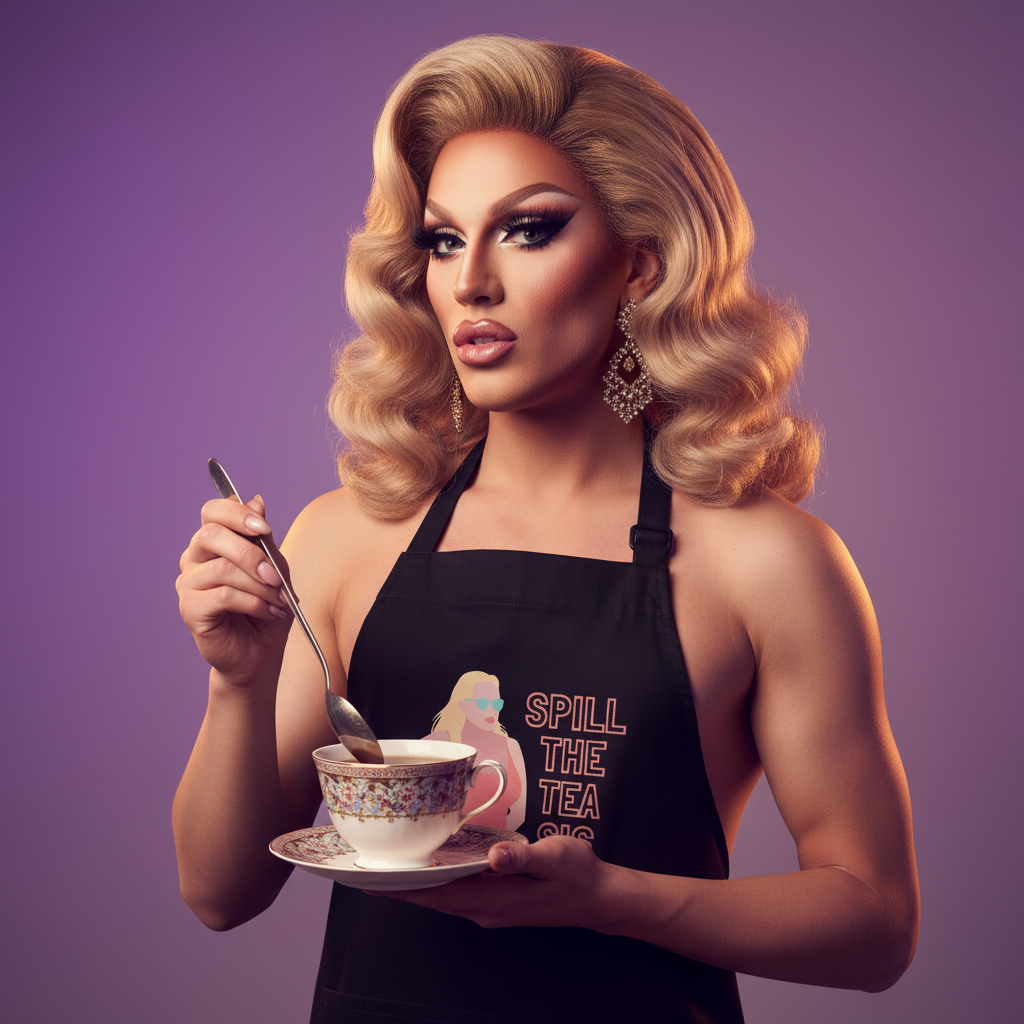Drag performer wearing a black apron reading “SPILL THE TEA SIS” and serving tea