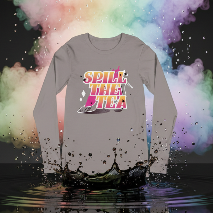Unisex long sleeve tee with bold pink-orange gradient, stars, and teacup graphic on gray—perfect for queer standout style.