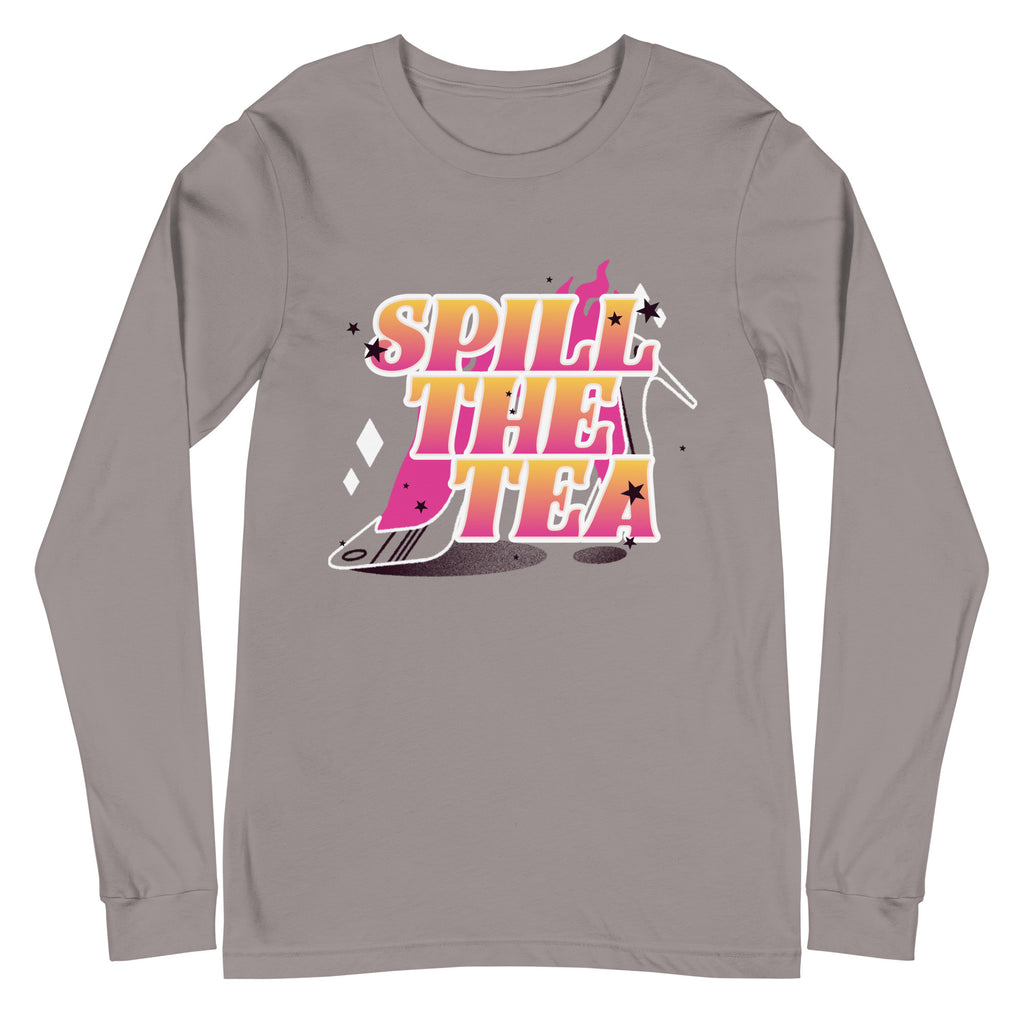 Gray unisex crew neck long sleeve tee with bold orange-to-pink gradient “Spill The Tea” text, tipped teapot, stars
