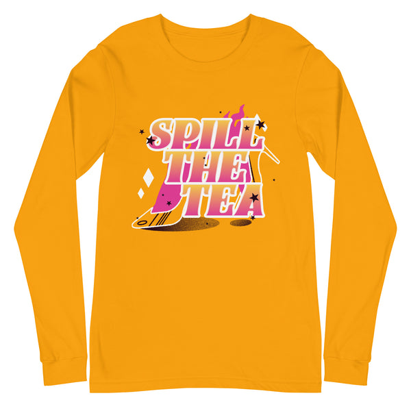 Unisex long sleeve tee in bright orange with bold retro pink and white 