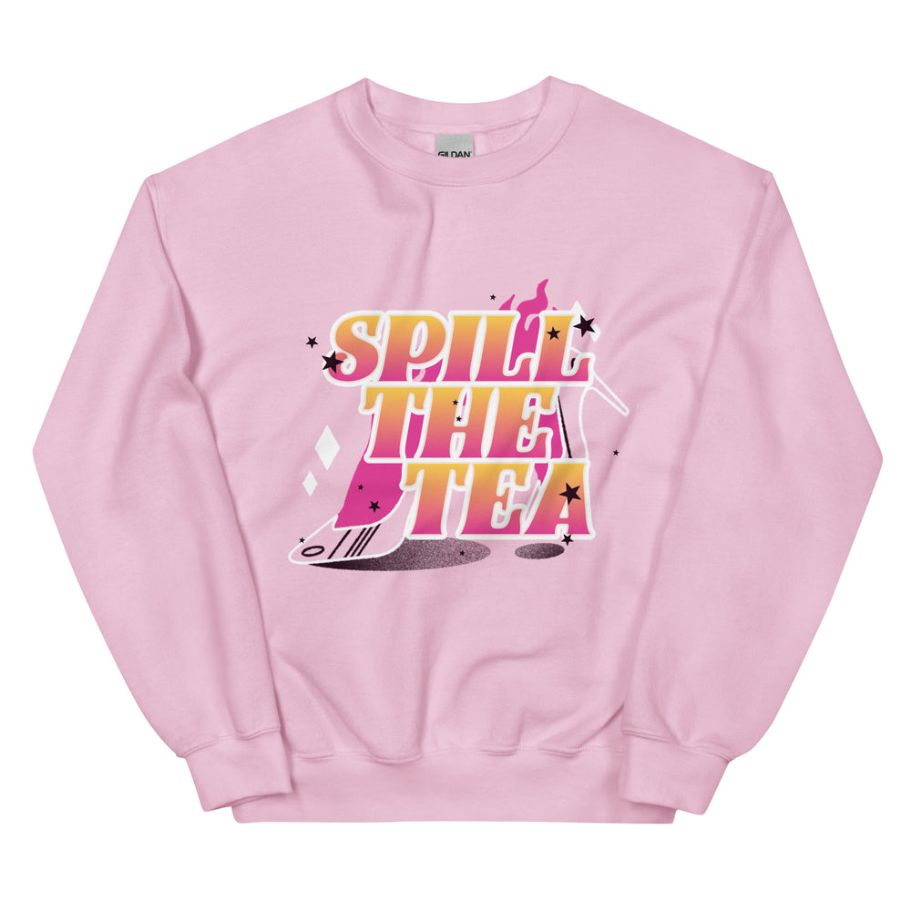 Unisex sweatshirt in soft light pink, “SPILL THE TEA” in bold yellow and pink, with queer-coded star, diamond
