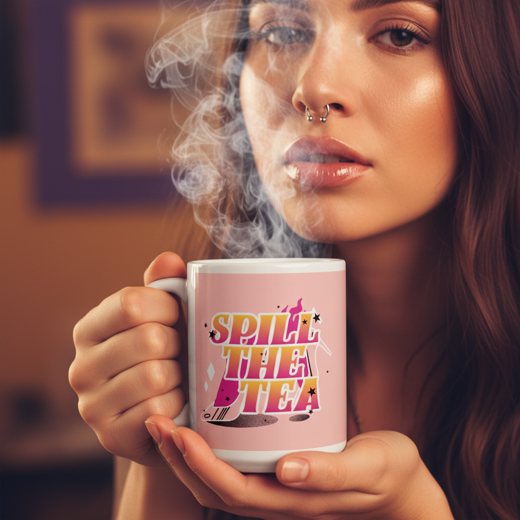 Close-up person holds a pale pink “SPILL THE TEA” mug as steam rises