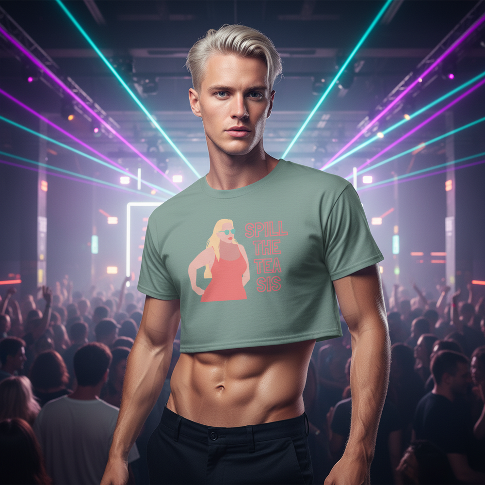 Spill The Tea Sis Crop Top, worn by a confident person in a lively nightclub with lasers and partygoers, bold LGBTQ+ fashion