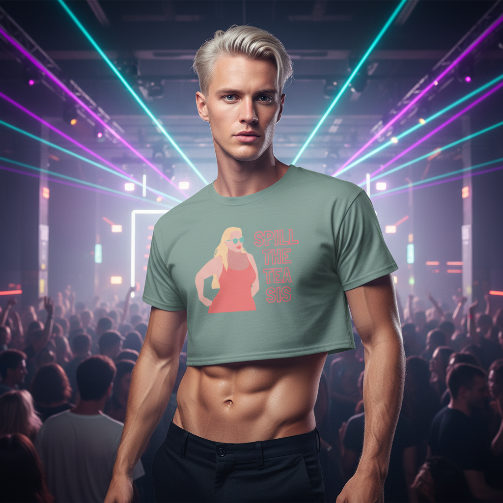 Spill The Tea Sis Crop Top, worn by a confident person in a lively nightclub with lasers and partygoers, bold LGBTQ+ fashion