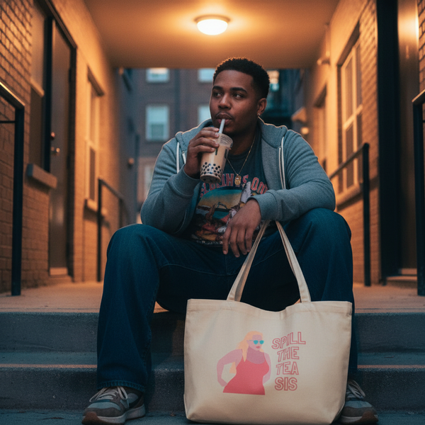 “Spill the Tea Sis” organic tote bag with pink illustrated figure, held by a seated person