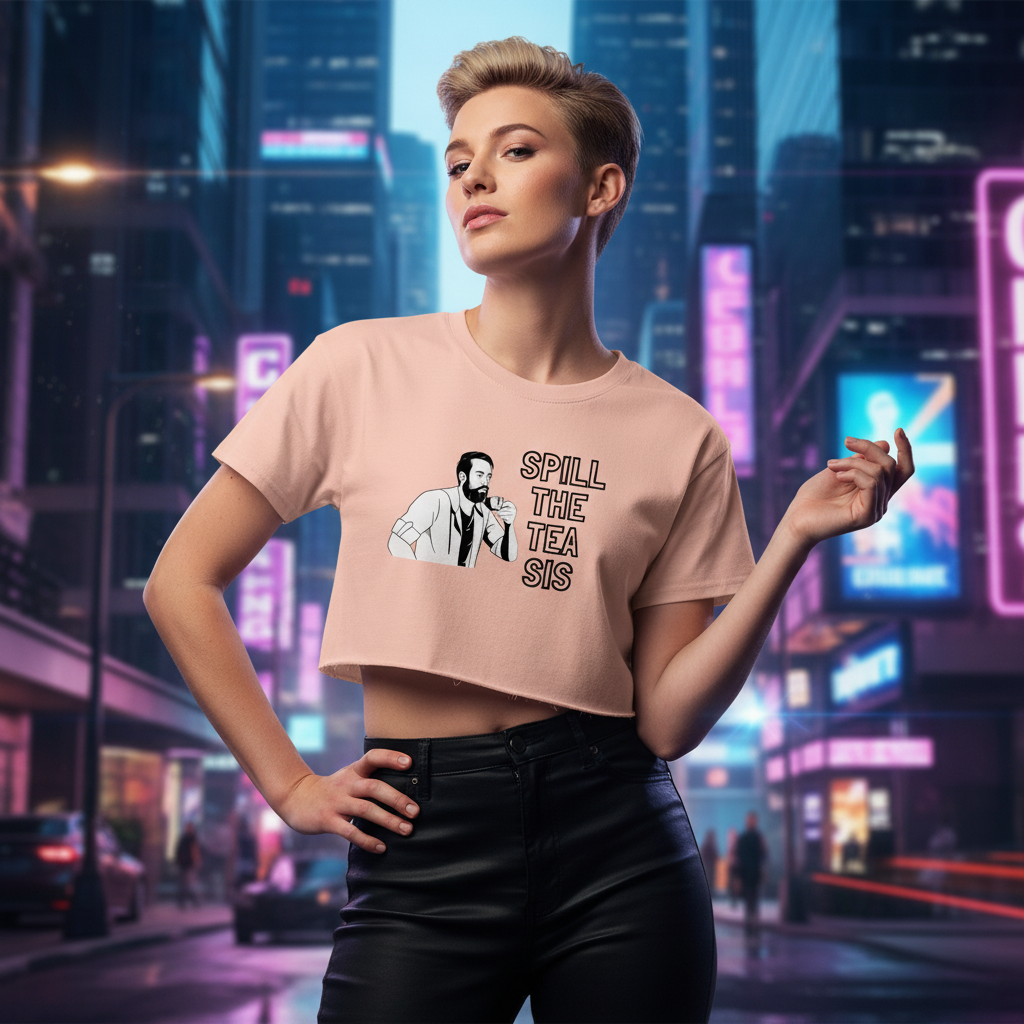 Pink "Spill The Tea Sis" crop top worn by a confident person with short blonde hair