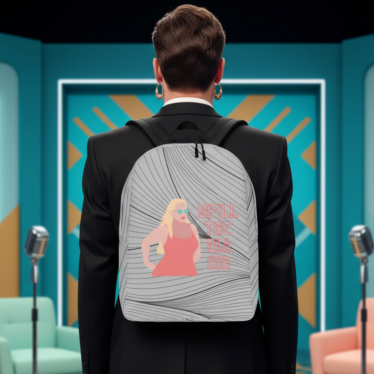 Spill the Tea Sis minimalist backpack featuring bold pink “SPILL THE TEA, SIS”, worn by a person in a suit; studio backdrop