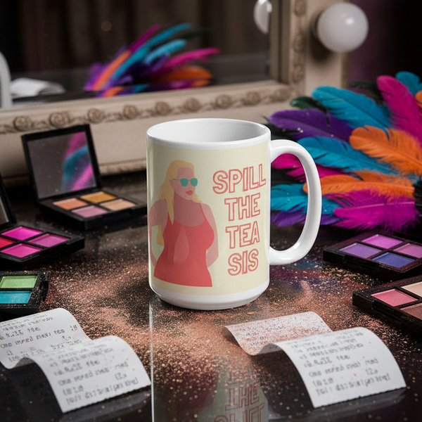 White mug reading “SPILL THE TEA SIS,” with a person in sunglasses beside makeup palettes and feathers