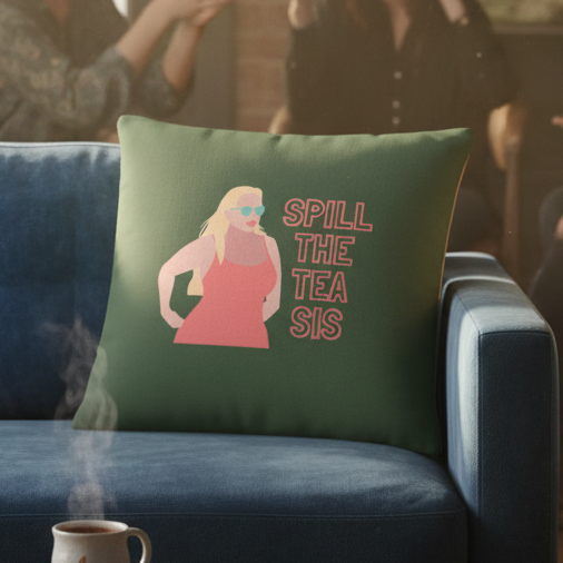 “SPILL THE TEA SIS” pillow on blue sofa, showing an illustrated person in sunglasses and pink dress