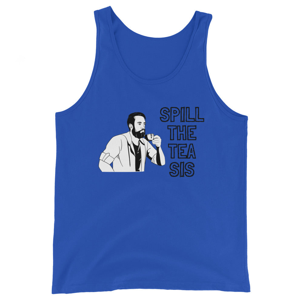 Unisex royal blue tank top features a black-and-white bearded person in shirt and tie sipping tea