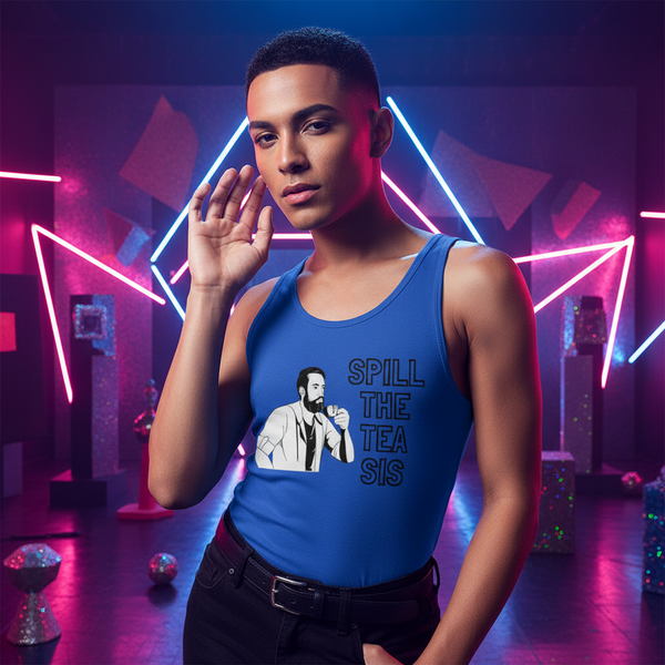 Spill The Tea Sis Unisex Tank Top, blue with bearded figure and text