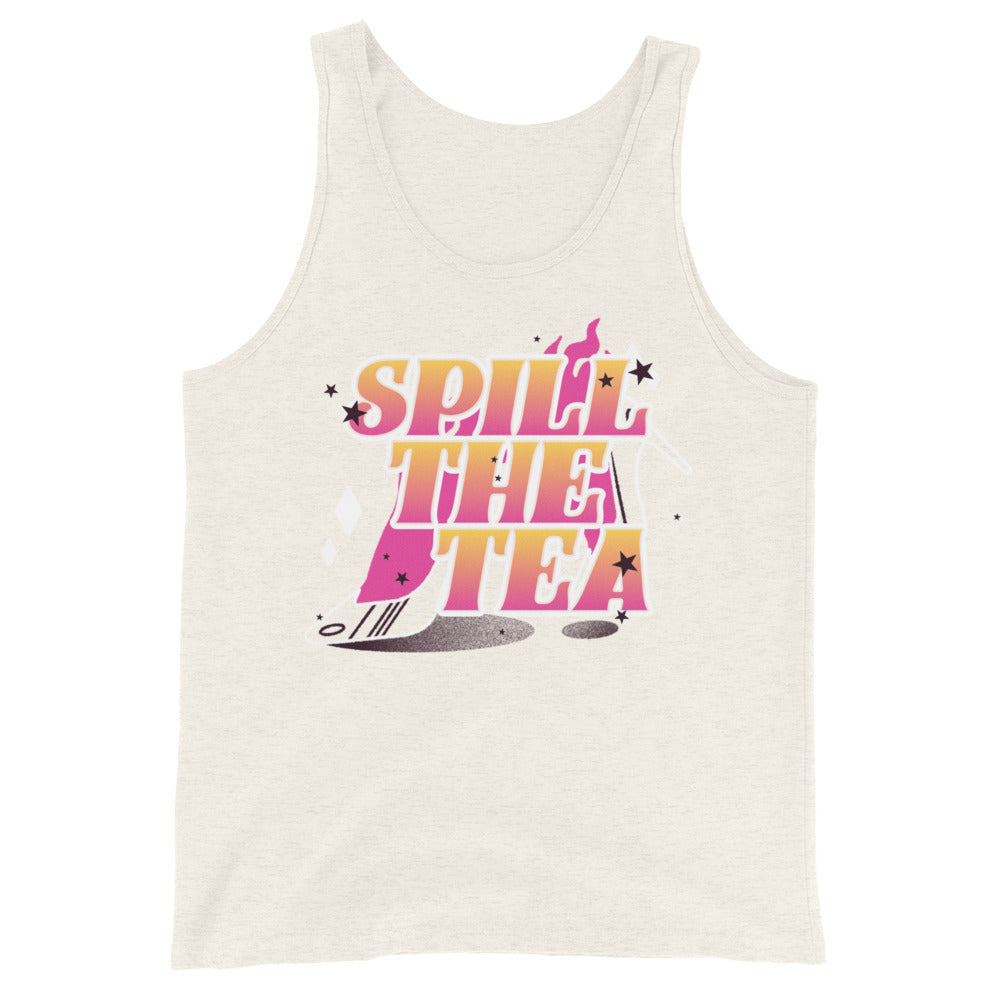 Cream Spill The Tea unisex tank top with bold gradient yellow-pink text, playful stars, sparkles, pink splash over TEA