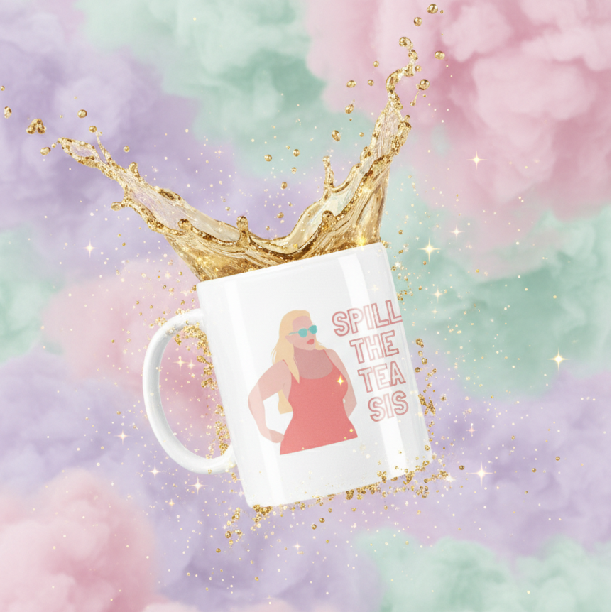 Close-up of a white mug reading “SPILL THE TEA SIS” with a woman illustration and golden tea splash