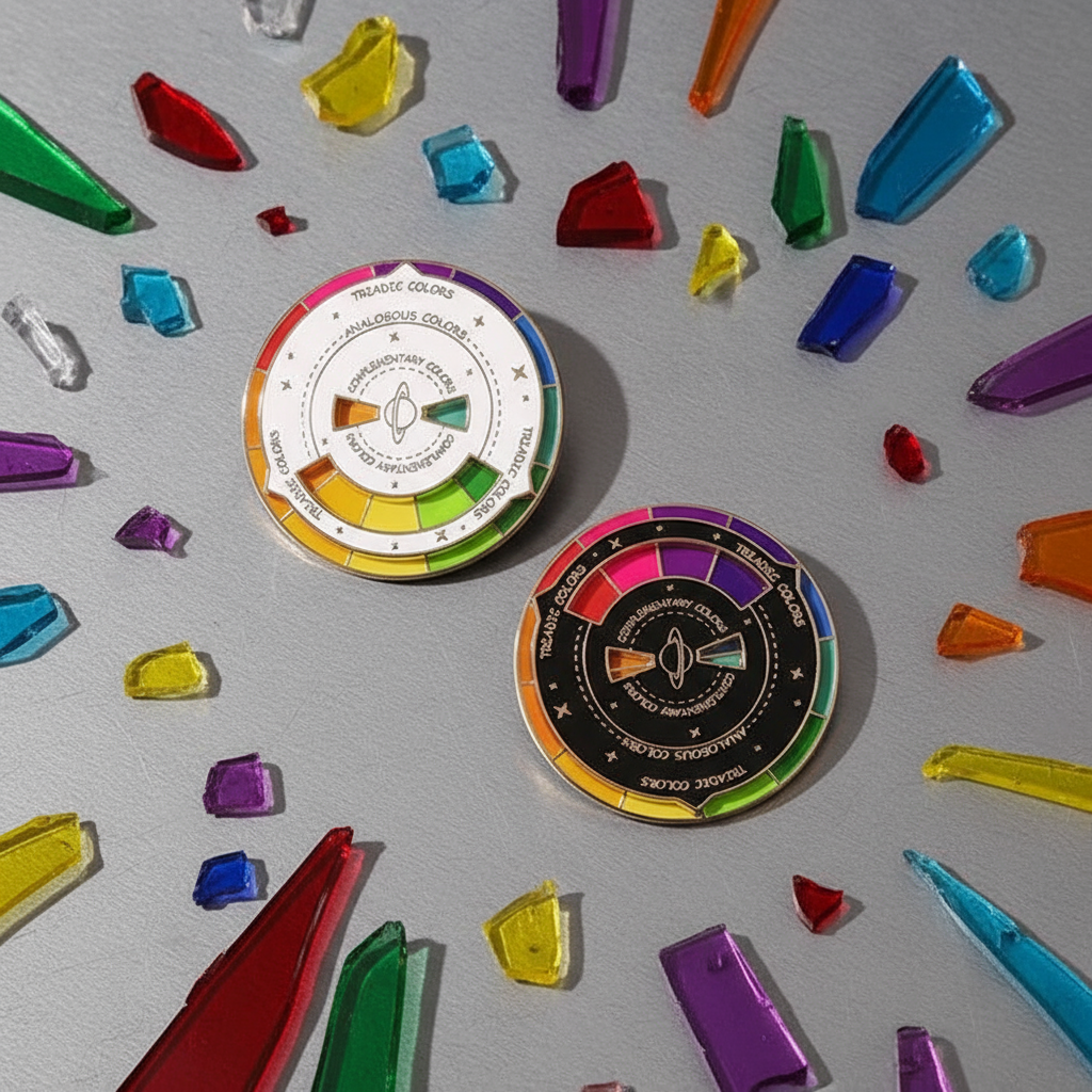Two colorful color-theory compass enamel pins arranged among translucent colored shards