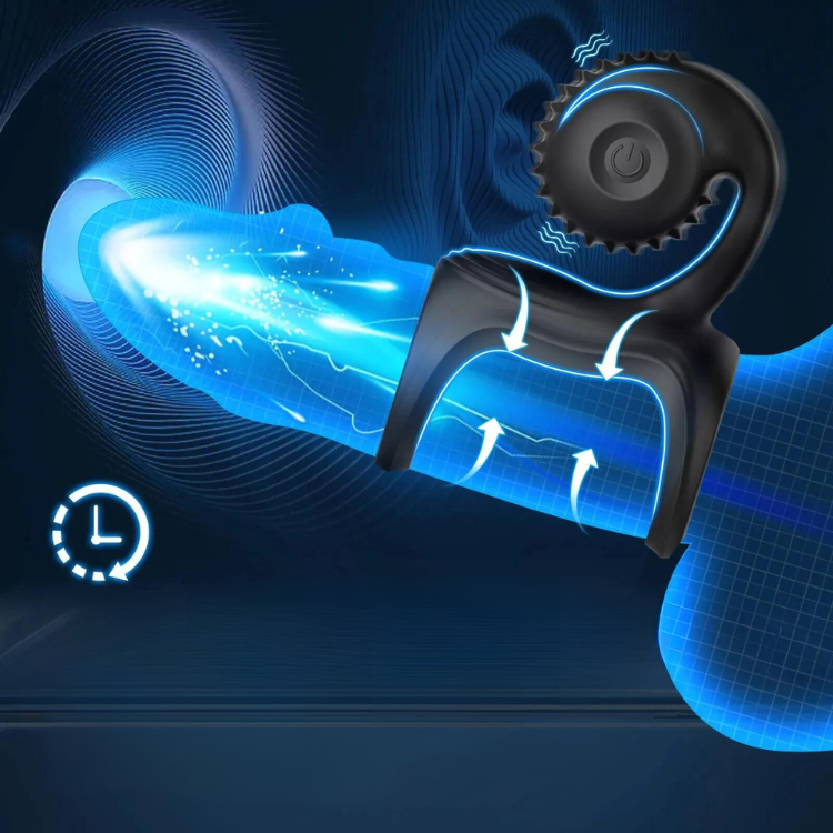 Black wearable vibrating ring shown around a glowing blue cylindrical form, with arrows and power button