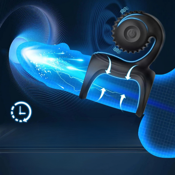 Black wearable vibrating ring shown around a glowing blue cylindrical form, with arrows and power button