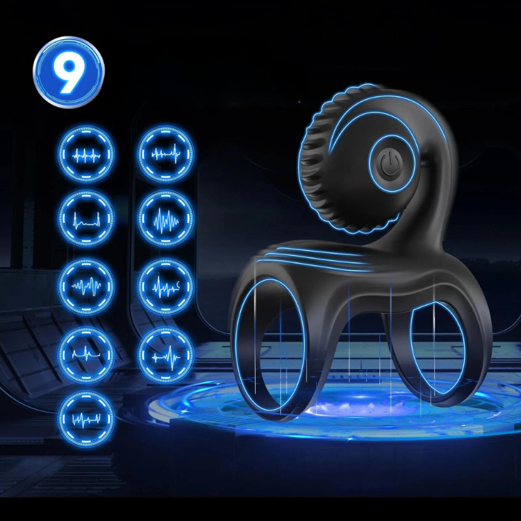 Black wearable vibrating ring with a scalloped circular head and power button, shown in a blue futuristic graphic