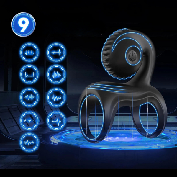 Black wearable vibrating ring with a scalloped circular head and power button, shown in a blue futuristic graphic