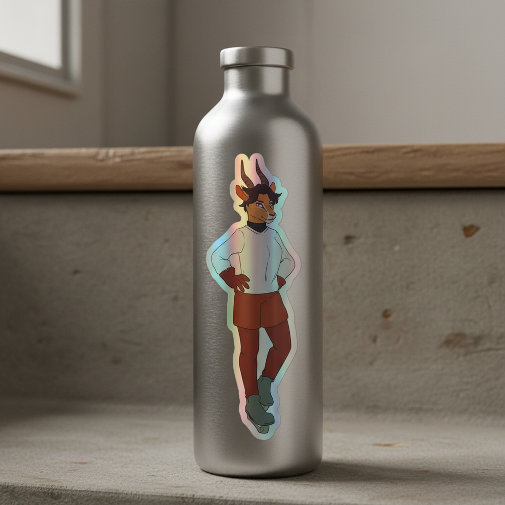 Silver metal water bottle on concrete steps with a holographic "Sporty Dyke" sticker of a dark-skinned, horned cartoon femme.