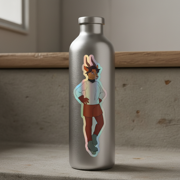 Silver metal water bottle on concrete steps with a holographic 