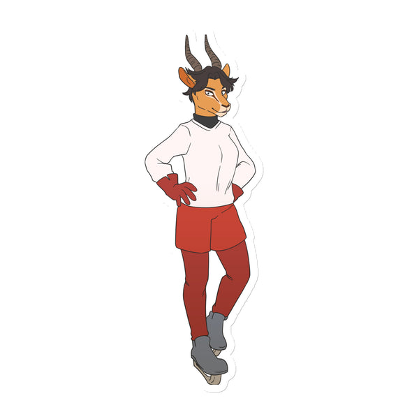 Sporty Dyke Magnet: a playful queer home decor piece featuring a bold antelope in red and white athletic gear, hands on hips.