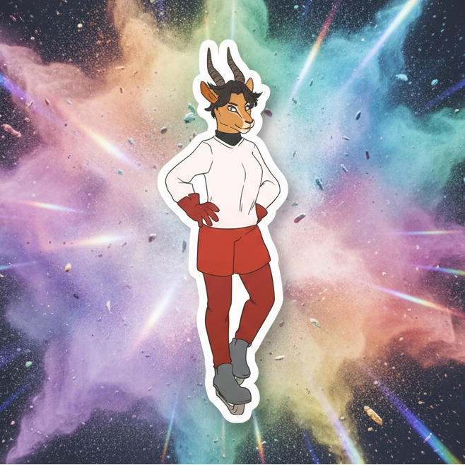 Illustrated goat-like character in a white sweater and red shorts against a colorful cosmic background
