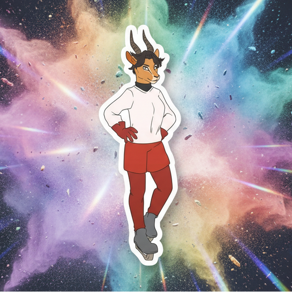 Illustrated goat-like character in a white sweater and red shorts against a colorful cosmic background