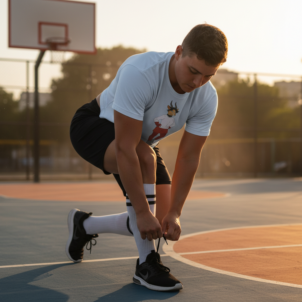Person tying a black sneaker on a basketball court, wearing a light blue graphic T-shirt