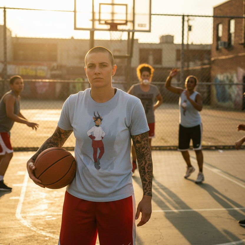 Tattooed model in a light blue graphic T-shirt holding a basketball on an outdoor court