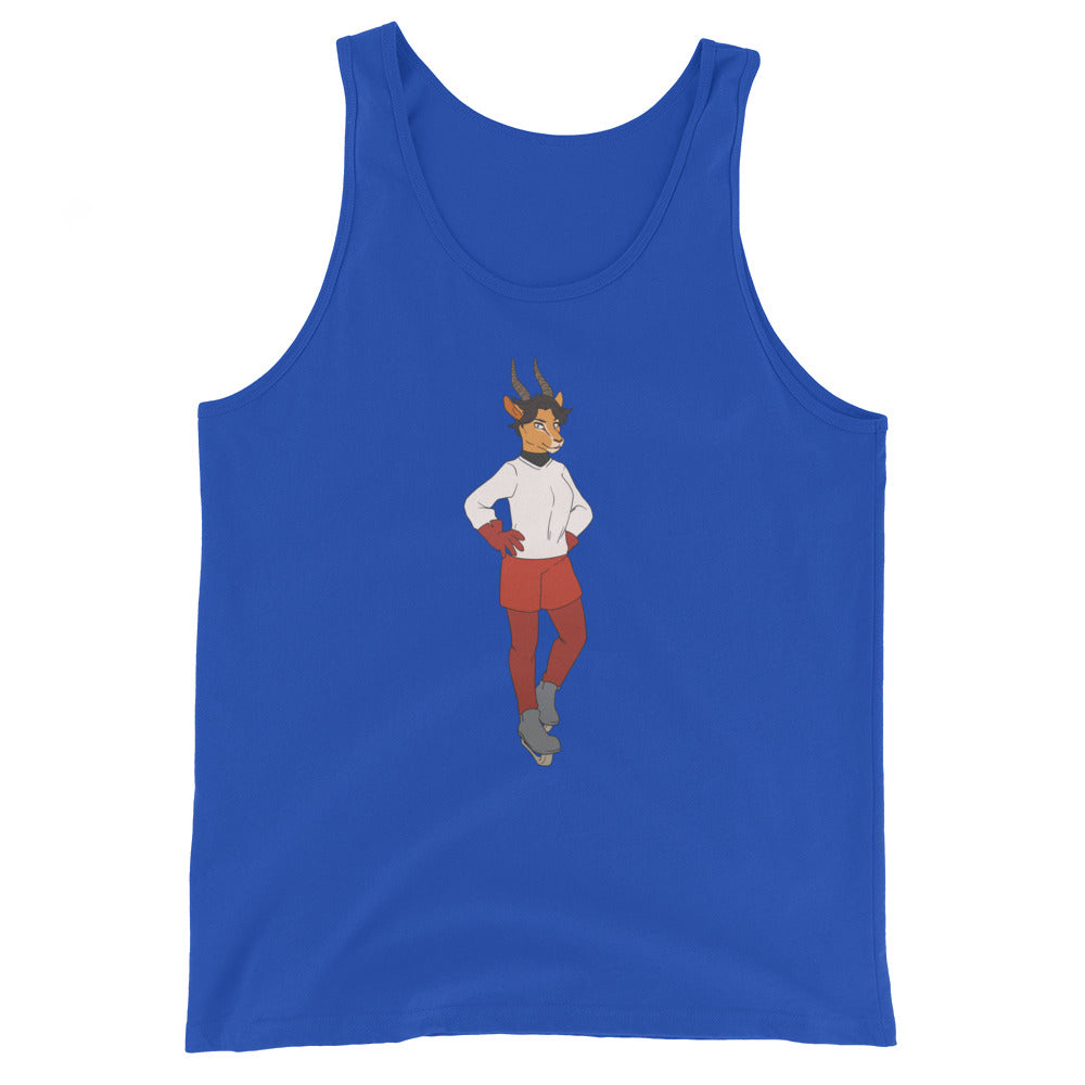 Front view of a royal-blue tank top with a small illustrated horned athlete in red shorts