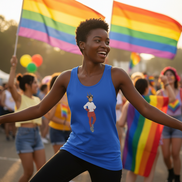 Sporty Dyke Unisex Tank Top worn by a happy person at Pride