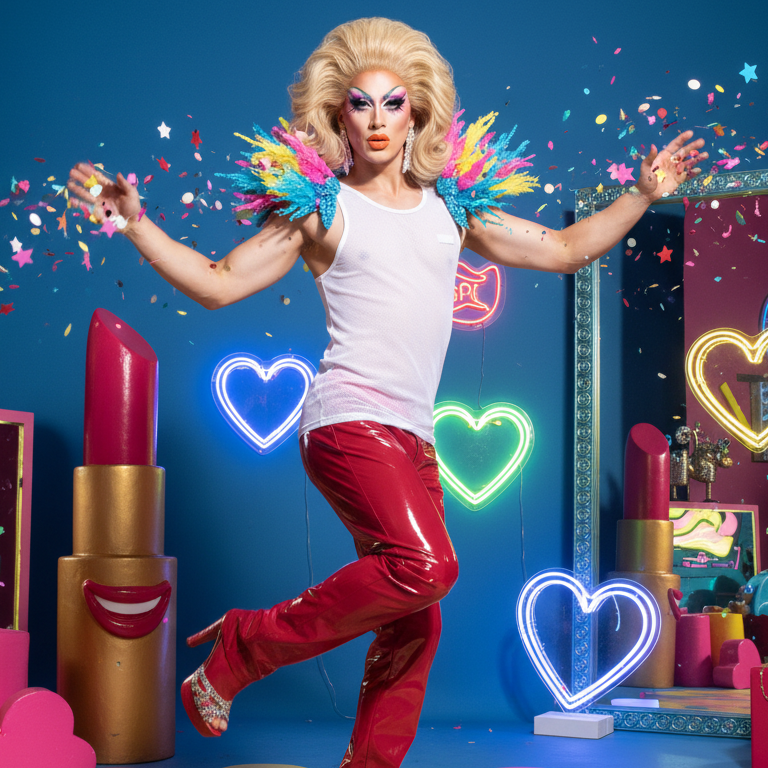 Drag performer modeling a white sleeveless tank top amid confetti and neon heart lights