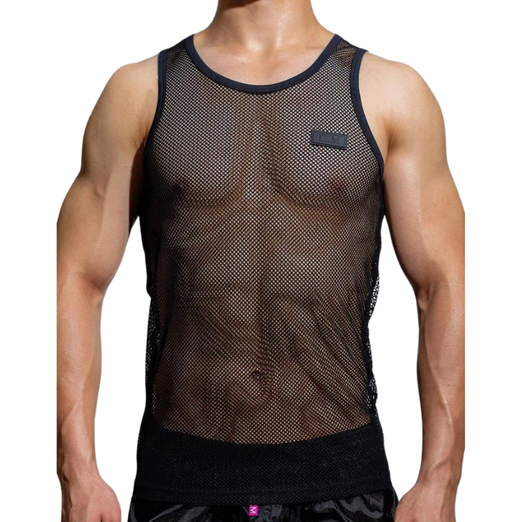 Front view of a black sleeveless fishnet tank top modeled on a person