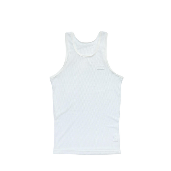 Front view of a white mesh athletic tank top with a scoop neckline